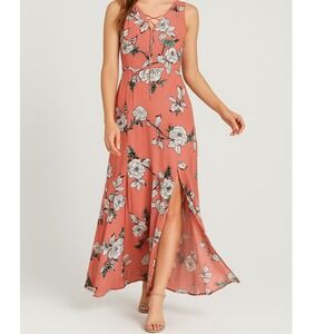 Everly Floral‎ Maxi Dress M Pink Sleeveless Boho V-Neck Side Slit Summer Casual
